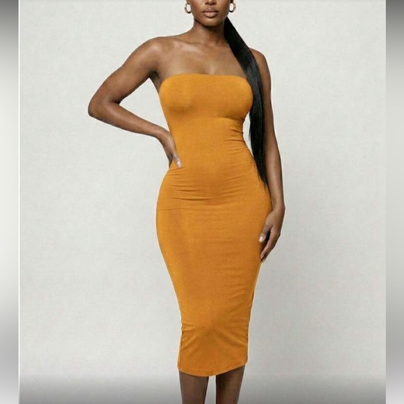 Strapless Bodycon Midi Dress in Mustard - Picture 4 of 15